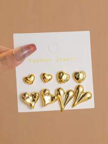 8pcs Fashionable Gold Metallic Asymmetrical Heart Shaped Earring Set, Women Chic Stud Earring Set
