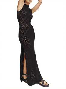 Women Wrapped Dresses, Round Neck Sleeveless Cutout Knitting Solid Midi Party Street Summer Dress - Black - View 2