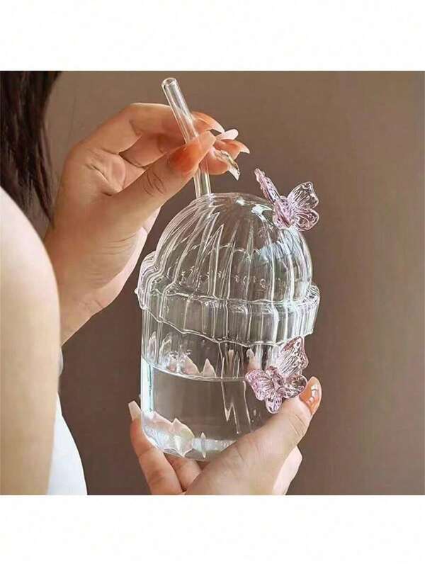 1pc Creative Net Red Butterfly Straw Cup With Lid Ins Style Butterfly Juice Cup Milk Cup Vertical Butterfly Cups