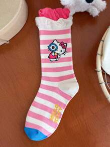 Sanrio Hello Kitty、MyMelody、Kuromi 1 双男女/情侣中长袜，个性化、搞笑、快乐、丰富多彩、创意动漫卡通设计，节日礼物，舒适透气，提升家庭日氛围，时尚新潮，男女皆宜，搞笑袜子，疯狂，动漫，多色袜子，秋季