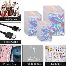 300 Pcs Holographic Mylar Bags, 3 Size Smell Proof Bags With Clear Window Foil Pouch Bags Resealable Bags For Small Business And Food Storage - 白色 - 查看 4