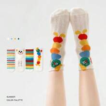 4 Pairs Cartoon Rainbow Caterpillar Children's Lightweight Socks, Boys And Girls Cartoon Caterpillar Mesh Socks