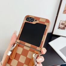 Check Pattern1pc Foldable Plaid Lanyard Phone Case, Compatible With Samsung Z Flip6/Z Flip5/Z Flip4