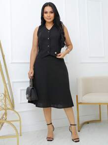 Conjunto Evangélico Feminino Saia Godê e Colete Com Botões Linho Misto Elegante Premium Primavera Verão Festa Fim de Ano REF: Marta