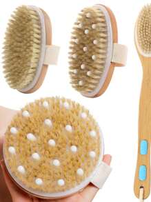 天然猪鬃身体刷，长木柄，防滑，100% 天然猪鬃身体按摩器去角质刷，适用于沐浴和淋浴，干湿两用