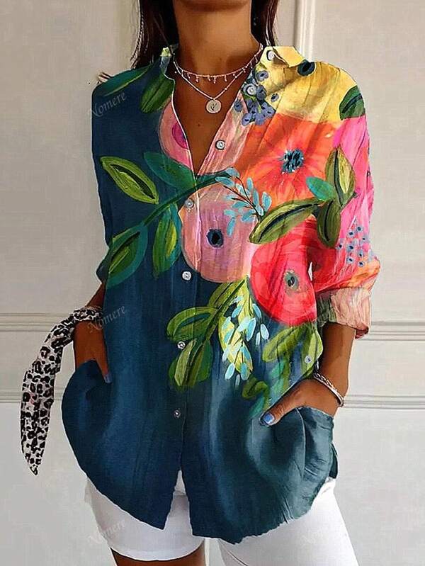 Camisa feminina casual com estampa floral em poliéster e gola virada para baixo