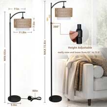 Floor Lamps For Living Room, Arc Standing Lamp With Remote & Dimmable Bulb, Boho Rattan Floor Lamp For Bedroom With 3 Color Temperatures, Farmhouse Tall Lamp, Height Adjustable Stand Up Lamp - 美規A型插(110-127V) - 查看 3
