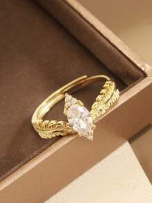 1 件 925 纯银白色水钻叶形可调节戒指，独特精致的女士礼品珠宝 - 金色 - 查看 3