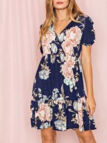 Boho Retro Sage Navy Pink Black Ditsy Floral Surplice Deep V Neck Band Waist Shirring Soft Swing Dress Small To 3 XL Plus - 海軍 - 查看 2
