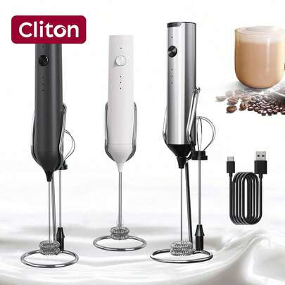 CLITON 可充电电动奶泡器，手持式奶泡器，配有 3 个搅拌头和 3 档速度设置，适用于拿铁、卡布奇诺、热巧克力、鸡蛋、迷你饮品搅拌器和冷萃咖啡，也可用于咖啡、卡布奇诺、拿铁、蛋白粉饮品（金属灰）