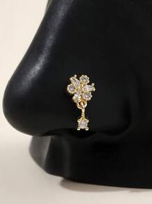 1pc L-Shaped Golden Rhinestone Flower Nose Ring Stud With Pendant