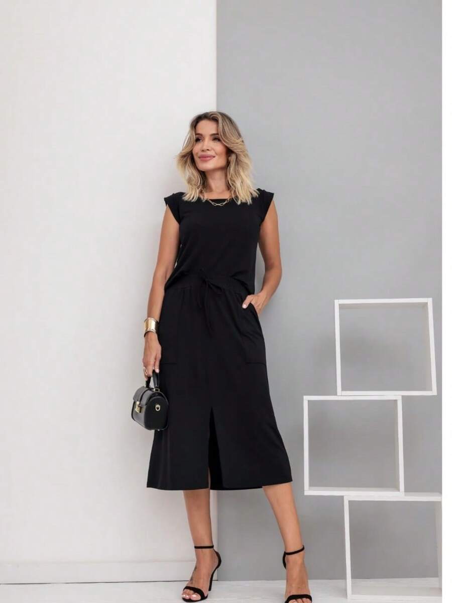 Women's Premium Fleece Midi Skirt Set - 黑色 - 查看 1