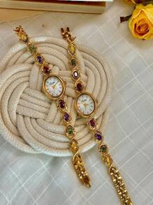 1pc Elegant & Luxurious Gemstone Ladies Watch, Fashionable, Vintage Style With Pearl Dial, Suitable For Social Gatherings, Parties, Vacations, Daily Wear, Birthday Or Holiday Gift