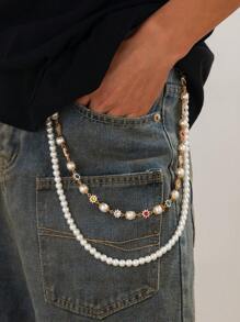 1pc Men's Faux Pearl Inlaid Gem Multi-Layer Metal Cross Pendant, Fashion Accessory, Punk Style Pants Chain, Key Chain, Waist Decor