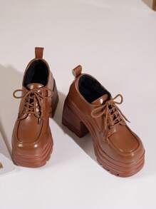 10厘米超高跟厚底英伦风小皮鞋，粗跟玛丽珍乐福鞋，通勤百搭系带鞋 - 棕色 - 查看 8