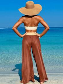 Conjunto de traje de baño de 3 piezas para mujer con top tubo, accesorios metálicos y pantalones de malla para playa y vacaciones de verano