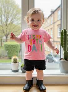 Toddler Girls Birthday T-Shirts Letter Embroidery Crew Neck Short Sleeve Shirts Summer Casual Fashion Kids Baby Tops - 粉色 - 查看 10