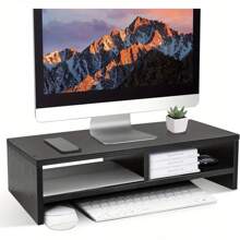 Youyijia Wood Monitor Stand Riser, Monitor Stand 2 Tiers Computer Monitor Riser, Computer Stand, Laptop Stand With Storage Shelf For Home And Office, Black(W500x D200 X H132mm) - Black - View 1
