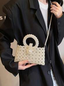 1 Pc Fashionable And Versatile Faux Pearl Material Diamond Grid Hollow Bead Mini Small Square Bag For Women's Summer Casual Mobile MINI Diamond Shaped Bag Handbag Suitable For Vacation Travel&Outdoor Leisure Shopping&Fashion Clothing Matching There Are Two Sizes To Choose From