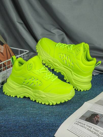 Women's Shoes For Spring/Autumn, Neon Green Stylish Design, Lightweight & Breathable, Platform Thick Sole Couple's Sneakers, Suitable For Parties, Festivals, Fashionable Outings, Tourism, Walking, Outdoor Hiking