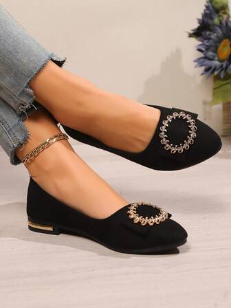 Women Flat Toe Pointed Slip-On Shoes, New Soft Sole Low Heel Casual Loafers, Non-Slip Office Work Shoes, Fashion Rhinestone Lightweight Breathable Solid Color Flats