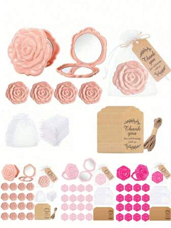 36/18/9/3 件玫瑰花朵图案莲花色化妆镜，适合婚礼、派对、典礼、宾客回礼，玫瑰装饰化妆工具，双面便携式化妆镜