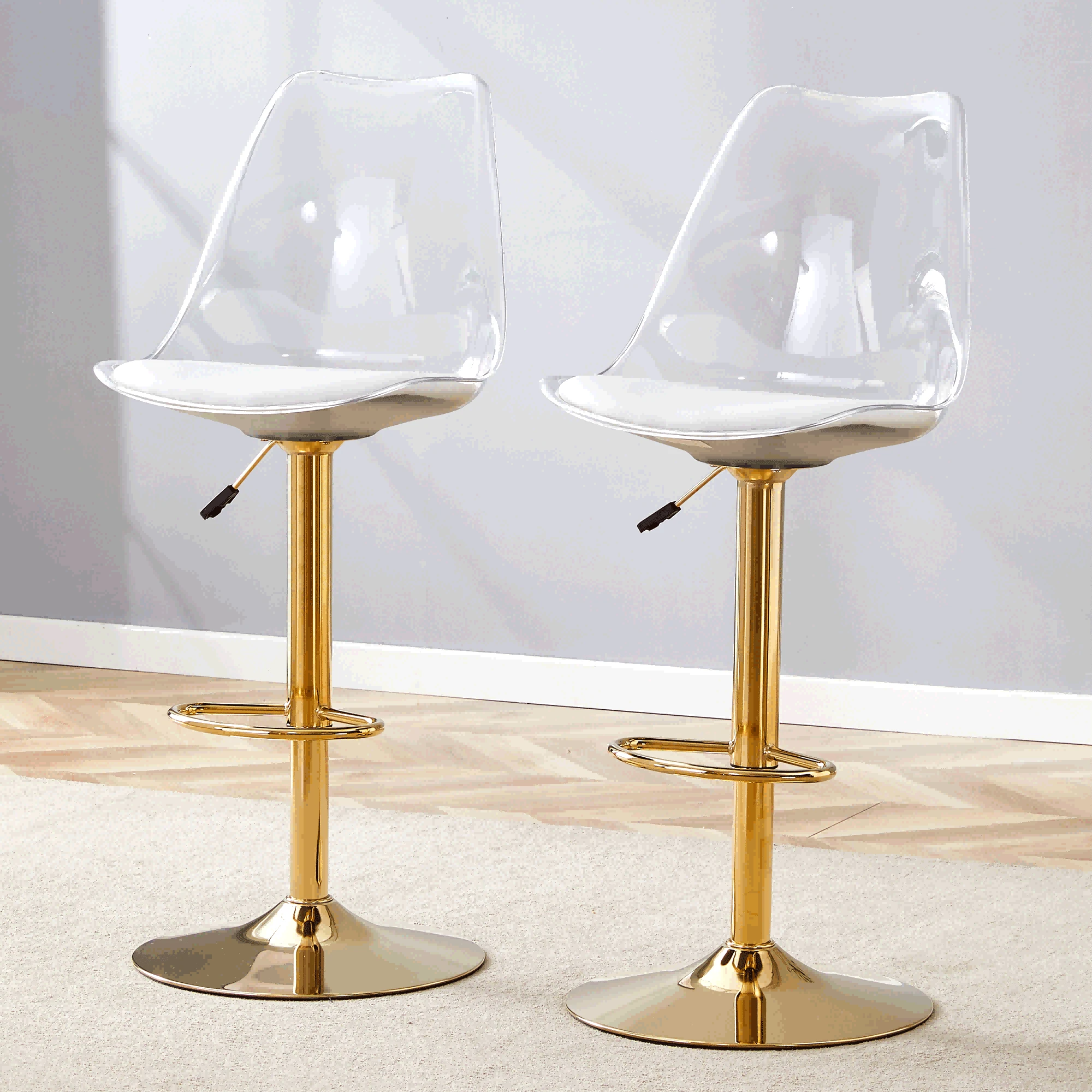 MUUOKY Modern Minimalist Acrylic Bar Stools With Mid Back, Set Of 2, Can Rotate 360 ° And Adjust Lifting, PET Backrest And White PU Seats, Transparent Adjustable Swivel Airlift Barstools, Counter Height Bar Chairs For Kitchen Dining Pub Cafe, And Front Desk Cashiers - 金色 - 查看 1