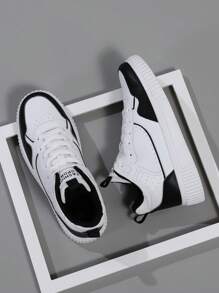 Men's Flats Shoes Casual Sneakers, Lace Up Soft Sole Flat Comfortable Skate Shoes For Men, Lightweight High-Top Daily Shoes - White and Black - View 6