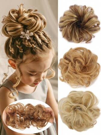 1 件装儿童凌乱卷发髻合成儿童发髻卷发波浪发片卷发髻发髻接发适合儿童佩戴假发、甜甜圈、发束、女孩发饰和头带