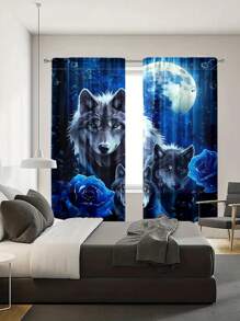 2pcs/Set Partially Sheer Window Curtains, Forest Animals Under Moonlight Pattern, Suitable For Bedroom, Living Room, Home Decor