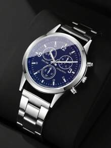 1pc Men's Fashion Business 3-Eye Numeric Scale Dial Classic Quartz Wrist Watch, Not Including Watch Box