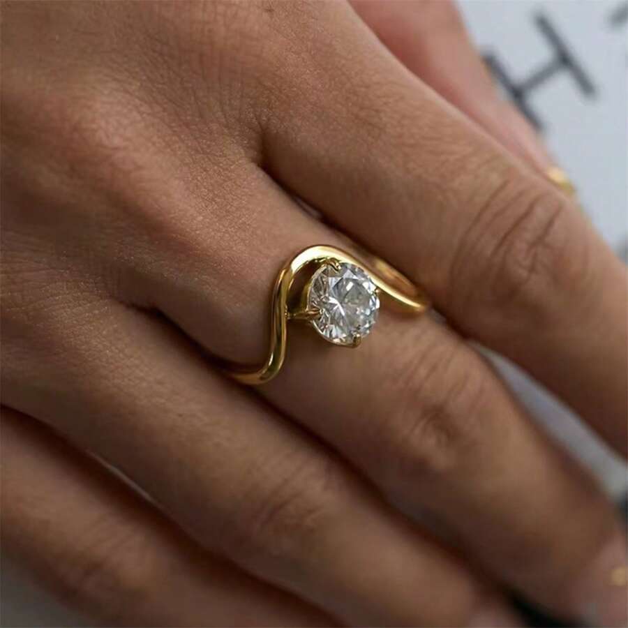 VKHK 1pc Vintage 18K Gold Plated Stainless Steel Zirconia Decor Single Ring, Suitable For Ladies Daily Wear And Wedding, Gift - Multicolor - View 1