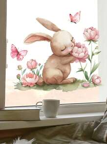 1pc Watercolor Bunny Flower Butterfly Pattern Window Sticker, Suitable For Holiday Party Glass Window Home Decoration