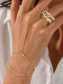 3er Set Goldene Ringe zum Stapeln mit Fingerarmband für Frauen, 14 Karat vergoldete Ringe, massive stapelbare Ringe mit kubischen Zirkoniasteinen, Goldperlen mit Fingerarmband Set, Geburtstagsgeschenk, Party Deko, modischer Schmuck Geschenkartikel