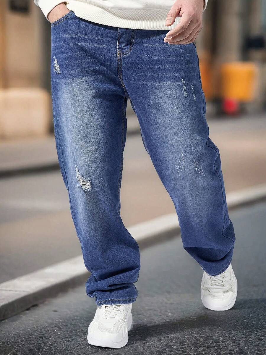 Hombres Jeans ajustados desgarro crudo rasgados con bolsillos,pantalones largos con estilo y versátiles con personalidad - Azul lavado oscuro - Ver 1