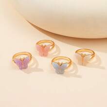 4pcs/Set European & American Style Colorful Butterfly Rings, Geometric Resin Sweet Rings