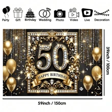 1 banner luxos pentru petrecerea de 50 de ani, fundal din poliester de mai multe picioare, decorațiune elegantă de perete multifuncțională pentru sărbători, temă aurie și neagră, potrivit pentru evenimente în interior și în exterior, festivaluri, curți interioare, studiouri, fundal pentru fotografie de casă și grădină. - Multicolor - Vizualizare 4