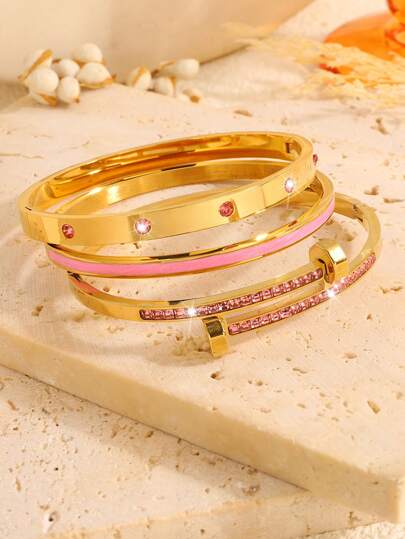 Set combinato di 3 pezzi eleganti e delicati: bracciale in acciaio inossidabile con martello, goccia d'olio e zirconia incastonata, abbinamento classico adatto per l'impilamento quotidiano e come regalo per la fidanzata