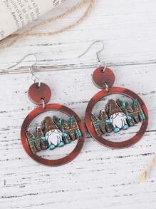 1 对复古西式豹纹长角镂空吊坠耳环，适合母亲节，木制双面母亲节礼物珠宝