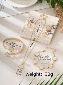 6 件套幸运四叶草首饰套装 - 包括手链、项链、耳环、戒指、手镯 - 复古度假风格金色女士配饰