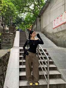 黑色修身露肩长袖T恤，春季叠穿上衣 - 黑色 - 查看 6