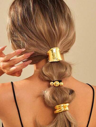 3 piezas Sujetadores de coleta de metal con diseño geométrico, elásticos y sin daños, portacolas elegantes y casuales de estilo bohemio para cabello grueso, regalos navideños, coleteros, accesorios para el cabello, accesorios de belleza para el hogar