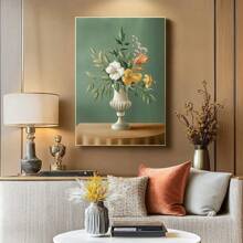 1 pieza Impresión artística en lienzo floral moderna - Diseño de jarr clásico europeo con fondo verde y beige, flores blancas y amarillas, perfecto para la sala de estar, el dormitorio, la cocina, el estudio y talla grande - Decoración de pared sin marco, regalo ideal, decoración floral