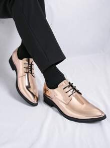 Men's Dress Formal Pointed Toe Lace-Up Patent Leather Shoes - Gold - View 3