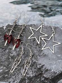 6pcs Gothic Style Big Star, Skull, Heart, Sword Earrings Set For Women (Does Not Include Card)