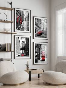 4pcs/Set Black And White Wall Art Bedroom Red Decor Paris Canvas Pictures For Living Room Bathroom London Eiffel Tower Landscape Painting New York City Wall Art Office Artwork Modern Home Decoration (No Framed)