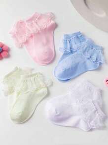 4 Pairs Kids Solid Color Lace Ruffle Princess Fashion Versatile Party Ankle Socks - Multicolor - View 4