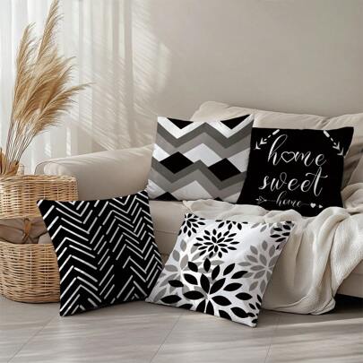 4 piezas Fundas de cojín decorativas "Hogar Dulce" geométricas en blanco y negro simples, material de terciopelo suave con estampado por un solo lado, 45*45cm/50*50cm/40*40cm para decoración interior, fiestas y regalos