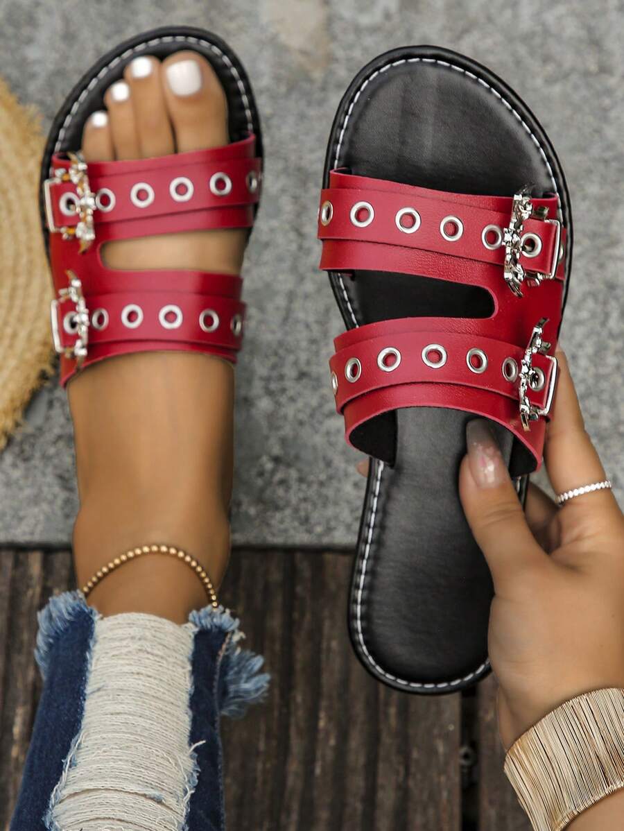 Nuevas sandalias de deslizamiento con diseño de murciélago y araña con remaches, estilo gótico y de talla grande, sandalias planas casuales de fiesta punk Y2K para mujer