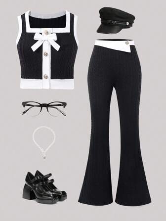 2 件套女童针织休闲撞色背心和黑色 3/4 裤，春夏